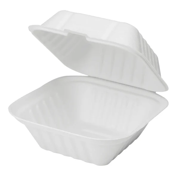 6 Inch PFAS-Free Bagasse Hinged Clamshell Containers 500pcs/case