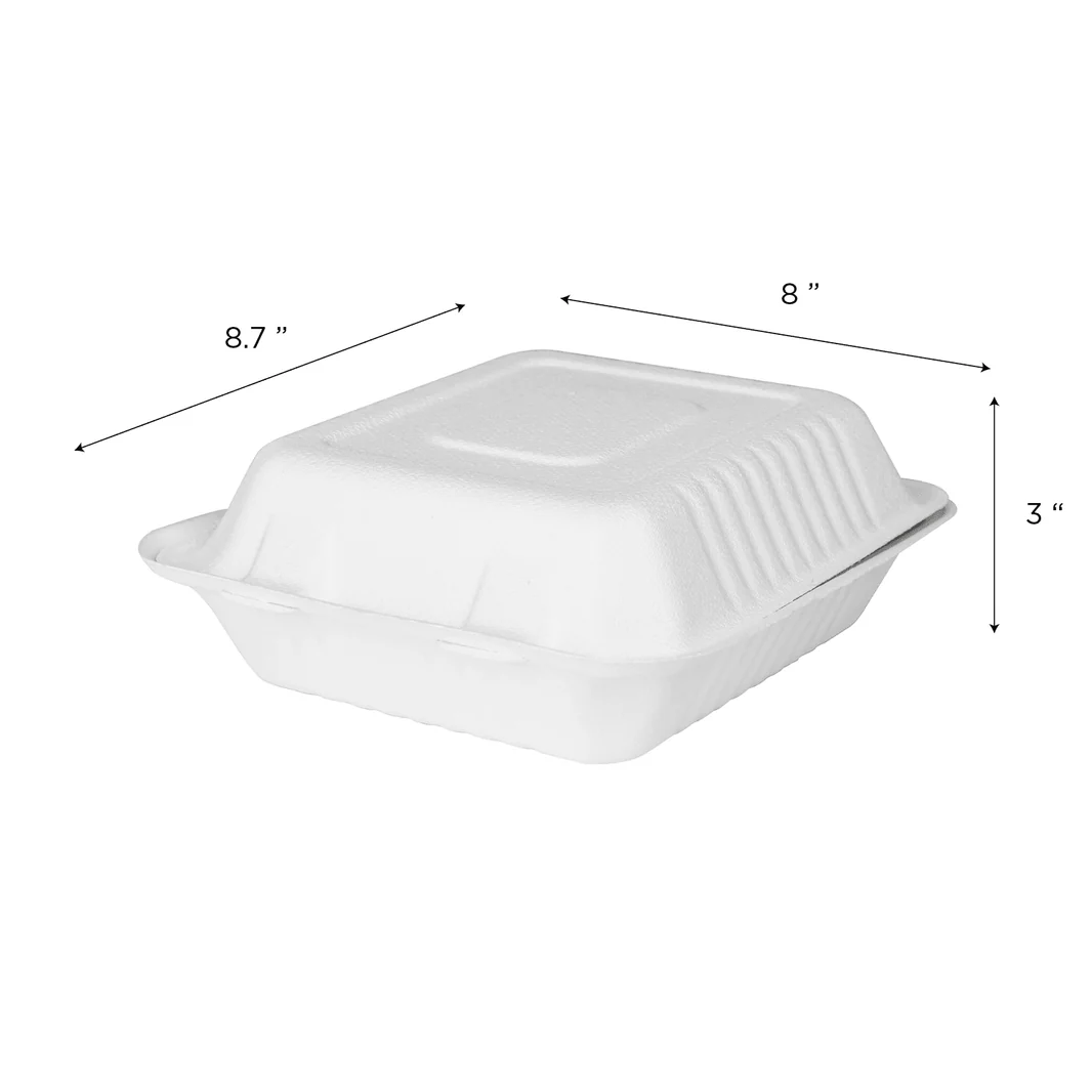 8 inch Single Compartment PFAS-Free Bagasse Clamshell Hinged Containers 200pcs/case - Image 2