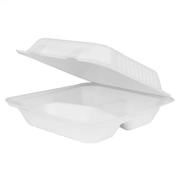 9 inch 3 Compartment PFAS-Free Bagasse Clamshell Hinged Containers 200pcs/case